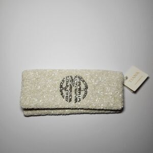 Tiana Women’s NWT Handcrafted Beaded Monogram Clutch Ivory Silver Bridal